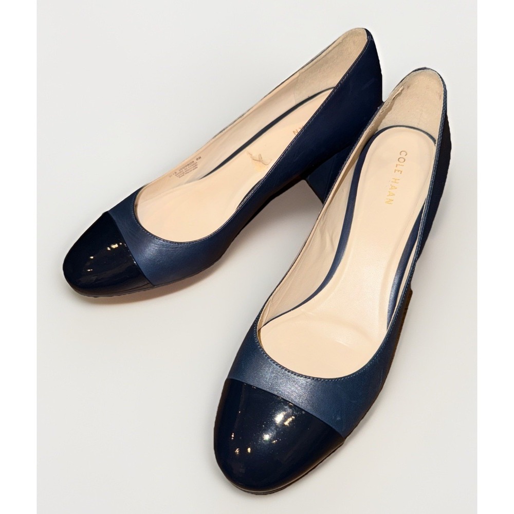 Cole Han Black Leather Block Heel Round Patent Toe Pumps Women's Shoes 8 B